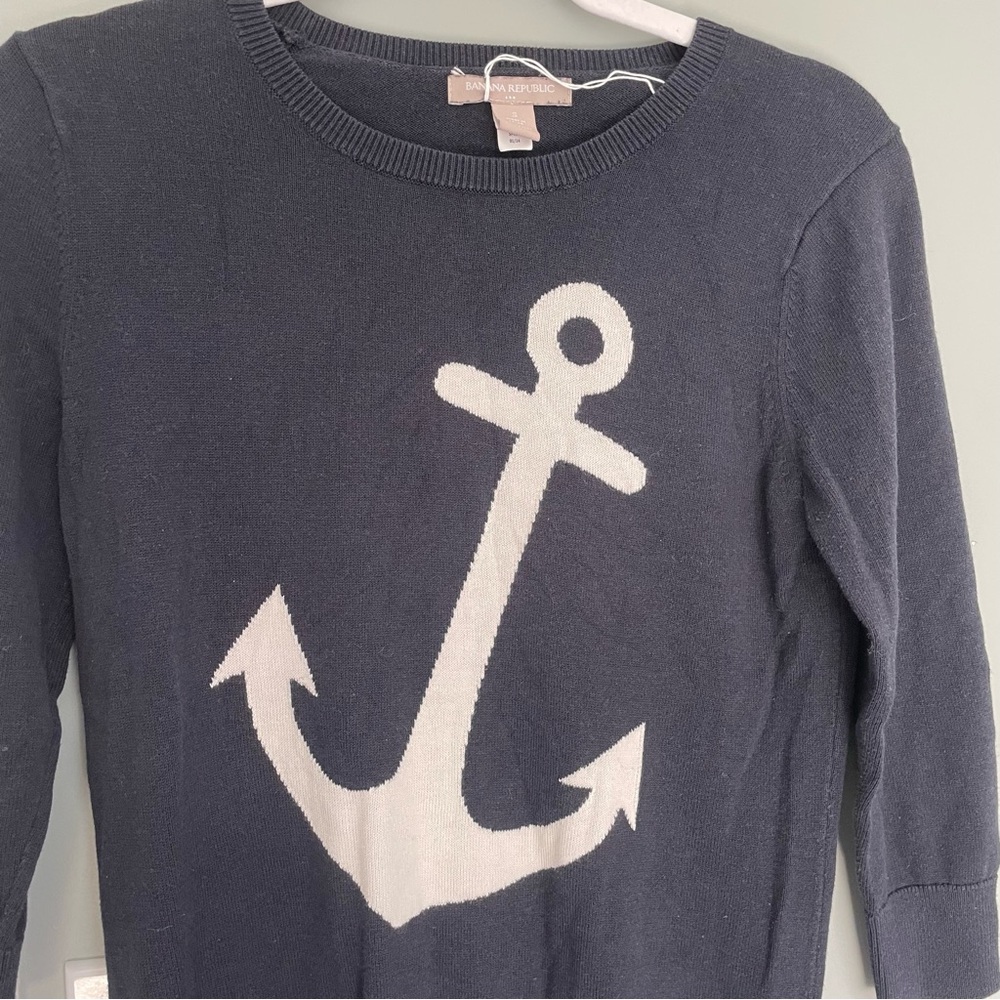 Banana Republic Anchor Navy Blue White Lightweight 3/4 Sleeve Knit Sweater - Picture 3 of 11